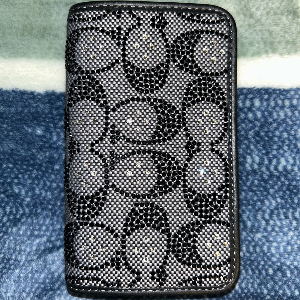 Coach Essential Slim Card Case In Black Crystal Signature Jacquard
